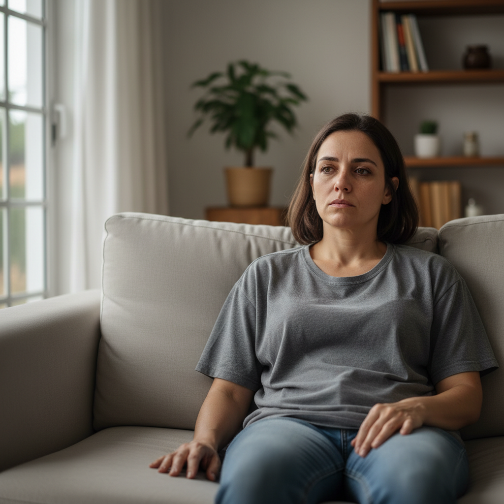 Mulher com fadiga e cansaço extremo, sintomas de ferritina baixa