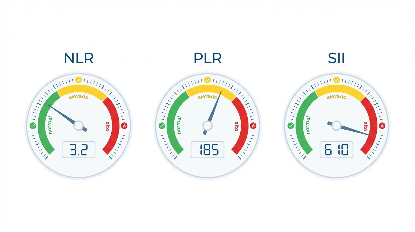 Três medidores circulares mostrando índices inflamatórios derivados do hemograma: NLR (relação neutrófilo-linfócito), PLR (relação plaqueta-linfócito) e SII (índice de inflamação imune sistêmica) com zonas normal, elevado e alto