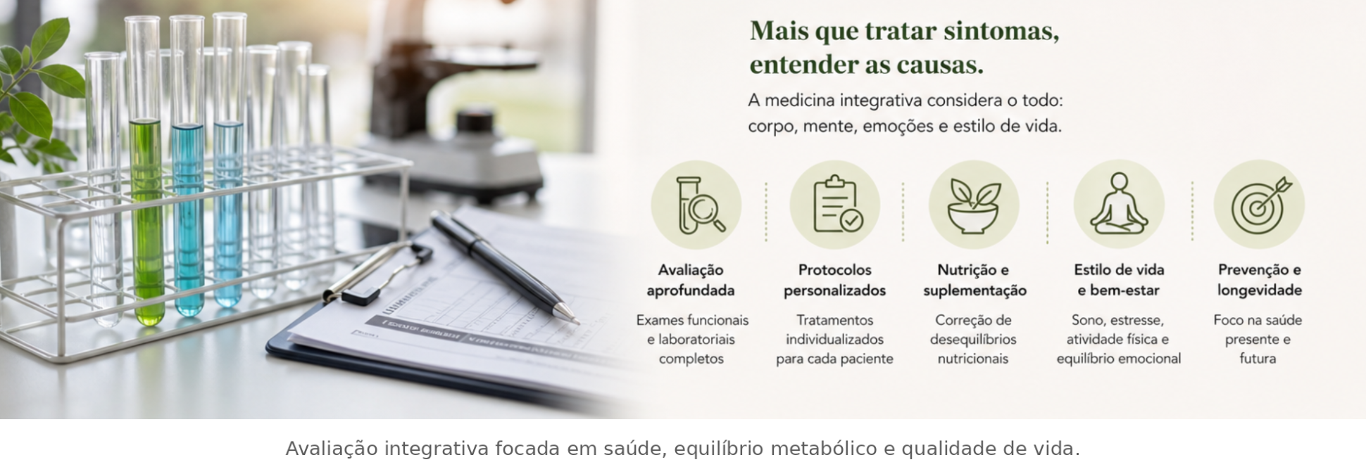 Avaliação integrativa focada em saúde, equilíbrio metabólico e qualidade de vida — mais que tratar sintomas, entender as causas